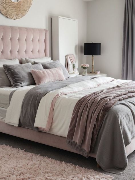 Modern Grey Bed, Bougie Bedroom, Cali Bedroom, Pink And Grey Bedroom, Pink Gray Bedroom, Light Pink Bedrooms, Grey Bed Sheets, Velvet Bedroom, Pink Headboard