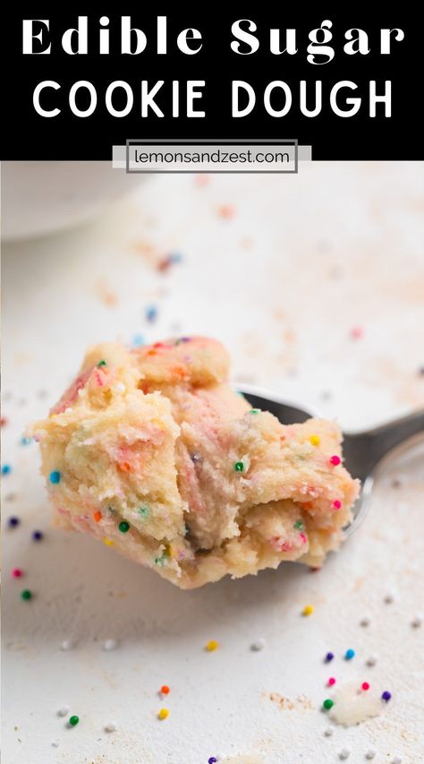 This Edible Sugar Cookie Dough recipe is an eggless cookie dough packed with rainbow sprinkle and your favorite sugar cookie flavor! Prepped in less than 10 minutes and cookie dough you can eat straight from the bowl--now that is a treat! Edible Sugar Cookie Dough Recipe, Edible Cookie Dough Bites, Cookie Dough For One, Edible Sugar Cookie Dough, Eggless Sugar Cookies, Sugar Cookie Dough Recipe, Eggless Cookie, Chickpea Cookie Dough, Eggless Cookie Dough