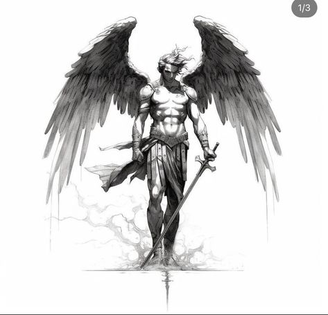 Dark Angel Tattoo, Angle Tattoo, Left Arm Tattoos, Male Angel, Lion Head Tattoos, Wings Drawing, Angel Wings Tattoo, Angel Drawing, Tattoo Style Drawings