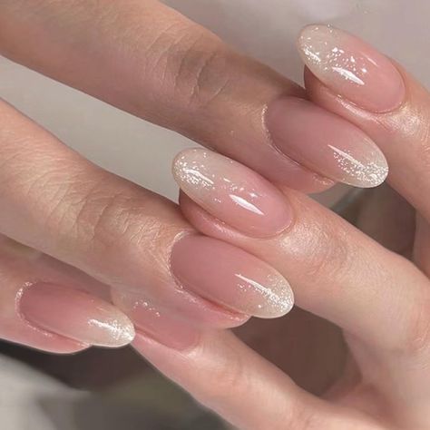 Dip Nails Birthday, Squoval Pearl Nails, Shimmer Tip Nails, Natural Pink Glitter Nails, Nails Pearl Effect, Natural Colored Nails, Natural Acrylics, Wedding Bridal Nails, Pearl Chrome Nail