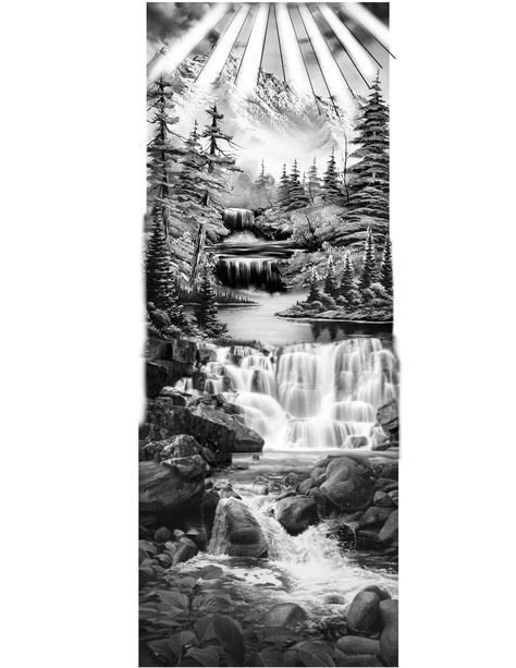 Forest Waterfall Tattoo, Forest Tattoo Sleeve Stencil, Waterfall Back Tattoo, Jungle Waterfall Tattoo, Scenic Tattoo Landscapes, Waterfall Tattoo Ideas For Women, Forest River Tattoo, Water Scene Tattoo, Waterfall Tattoo Sleeve