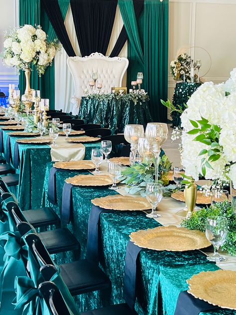 Wedding Decoration Table Wedding, Teal And Gold Table Setting, Teal And Gold Wedding Reception, Teal And Gold Event Decor, Peacock Wedding Table Decor, Teal Velvet Tablecloth Wedding, Egyptian Tea, Teal Wedding Theme, Wedding Sweetheart Table Decor