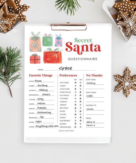 Make Secret Santa gift shopping a whole lot easier with this festive printable sheet! Easily print this 8.5x11 Secret Santa Questionnaire and have everyone fill one out!  Once filled out - collect the sheets - and have everyone select a new sheet at random to choose who their Secret Santa will be!  *Please note: This file is not editable * * * * * HOW IT WORKS * * * * *  1. Download the PDF 2. Print on standard paper (as many as you need) 3. Hand out to everyone attending 4. Collect and have everyone select a new sheet at random! * * * * * FILE INFORMATION* * * * *  - This measures 8.5x11 when printed. - Prints on standard 8.5x11 paper * * * * * RECOMMENDED PAPER * * * * *  90lb white matte cardstock* https://amzn.to/2yl8Yjm Thicker 110lb white matte card stock* https://amzn.to/2CKgzKl * * Gift Questionnaire, Gift Exchange Questionnaire, Secret Santa Questions, Santa Questionnaire, Work Secret Santa, Secret Santa Questionnaire, Stationery List, Santa Wish List, Christmas Lists