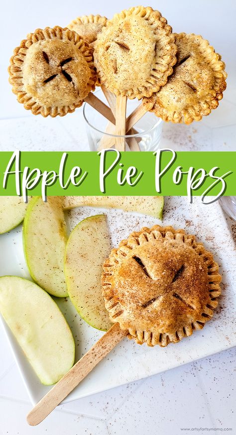 Apple Pie Lollipops, Apple Pie Sticks Desserts, Caramel Apple Pie Pops, Pie Pops Recipe, Apple Pie On A Stick, Apple Pie Presentation, Pie Crust Cinnamon, Pie On A Stick, Apple Pie Pops