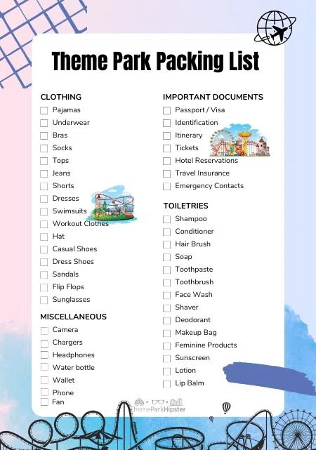 21 Top Theme Park Packing List Items (How to Pack for an Amusement Park) - ThemeParkHipster What To Pack For Amusement Park, What To Bring To An Amusement Park, What To Wear To An Amusement Park Summer, Theme Park Packing List, Amusement Park Essentials, Theme Park Essentials, Weekend Trip Packing List, Weekend Trip Packing, Vacation Packing Checklist