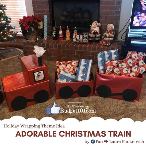 Train Present Wrapping, Christmas Gift Wrapping Train, Diy Christmas Present Train, Christmas Train Gift Boxes, Christmas Train Diy Cardboard Boxes, Christmas Gift Train, Christmas Present Train, Christmas Decorations Dinner Table, Present Train