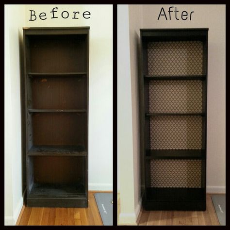 Bookshelf refurbished with spray paint and $1 paper. Bookshelf Refurbish Ideas, Small Home Office Layout, Refurbish Ideas, Cottage Getaway, Black Bookcase, Home Office Layout, Metal Bookcase, Future Room, Study Decor