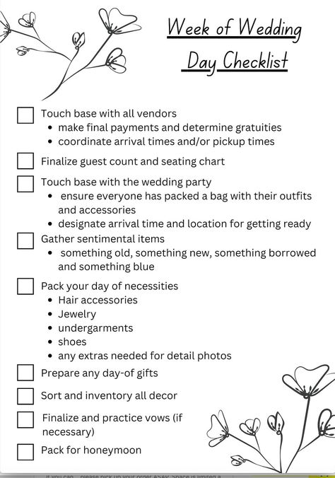 A week of wedding day checklist to keep yourself organized and stress-free! Printable download with purchase Week Of Wedding To Do List, Week Of Wedding Checklist, Wedding Day Of Checklist, Afghan Drawing, Pre Wedding Checklist, Acotar Wedding, Bride Checklist, Wedding Day Essentials, Day Checklist