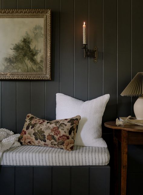 A Warm & Moody Fall Sunroom | Laine and Layne Muted Green Paint Colors, Moody Cottage Living Room, Moody Sunroom, Muted Green Paint, Fall Sunroom, Diy Corner Bench, Fall Branches, Modern English Country, Hippie Mama