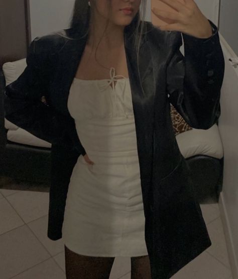 black leather oversized blazer, white mini dress and black thighs Mini Dress Oversized Jacket, White Mini Dress With Leather Jacket, Slip Dress Jacket Outfit, White Slip Dress Outfit Grunge, White Dress Leather Jacket, Black Leather Blazer Outfit, 19 Bday, Dress And Blazer Outfit, Dress Jacket Outfit