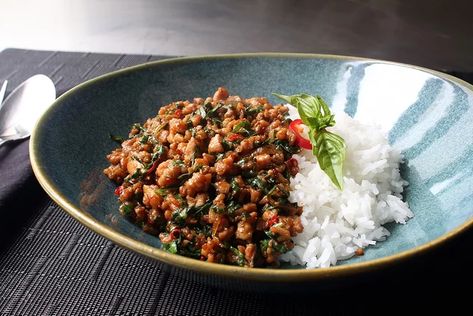 Spicy Thai Basil Chicken (Pad Krapow Gai) Recipe - Allrecipes.com Spicy Thai Basil Chicken, Pad Krapow, Thai Basil Chicken, Spicy Thai, Food Wishes, Supper Ideas, Skillet Dinners, Basil Chicken, Thai Basil