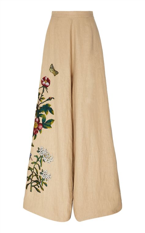 Embroidered Linen Wide-Leg Pants by OSCAR DE LA RENTA for Preorder on Moda Operandi Dorothy Dandridge, Embroidered Tulle Dress, Pockets Pants, Leisure Fashion, Elegant Ladies, Embroidered Linen, Wide Leg Linen Pants, Flared Pants, Mode Inspo