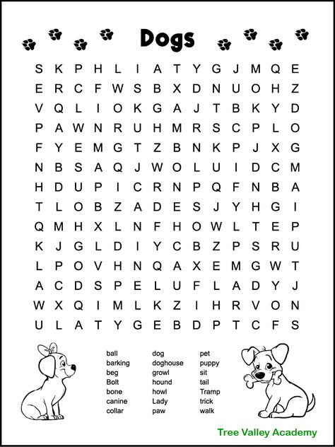 A free printable dog themed word search for kids. The difficulty level is between easy and medium, and would be perfect for children around 3rd or 4th grade. The printable puzzle has 21 hidden words to find and circle. Words are hidden in all directions. The pdf of the large print word search includes answers. Third Grade Word Search, Word Search For 2nd Grade, Large Print Word Search Printable, 3rd Grade Word Search, 2nd Grade Word Search Free Printable, Simple Word Search For Kids, Free 3rd Grade Printables, Word Search 3rd Grade, Hard Word Search Free Printable