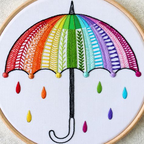 Embroidery Sampler Pattern, Umbrella Embroidery, Rainbow Umbrella, Modern Embroidery Kit, Rainbow Embroidery, Diy Embroidery Kit, Embroidery Sampler, Floral Embroidery Patterns, Embroidery Tutorial