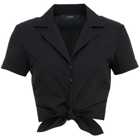 Hallhuber Cotton tied hem top with short sleeves ($45) found on Polyvore featuring tops, blouses, shirts, crop tops, black, clearance, shirts & blouses, collared shirt, crop shirts and black collared shirt Crop Tops Black, Mode Rockabilly, Black Collared Shirt, Shirts Crop Tops, Shirts Crop, Black Short Sleeve Shirt, Tie Shirt, Elegante Casual, Crop Top And Shorts