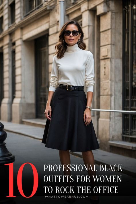 Here are 10 black office outfits every woman should try! From classic dresses to modern blazers, these pieces offer a stylish and versatile approach to office wear. Perfect for achieving a professional yet unique look that keeps you comfortable and confident. Discover fresh ways to elevate your work style with these essential black pieces! #OfficeEssentials #WomenInBlack #ChicWorkStyle Professional Black Outfits, Black Outfits For Women, Chic Office Wear, Chic Black Outfits, Workwear Chic, Hourglass Body Shape, Stylish Midi Dress, Classic Dresses, Crisp White Blouse