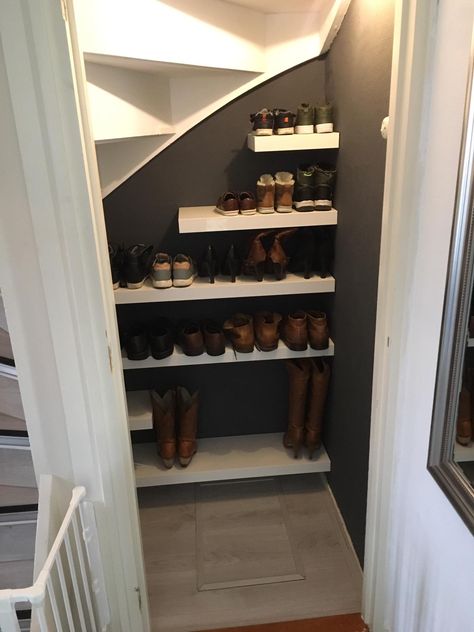 Corner Under Stairs Ideas, Shoe Cupboard Organisation, Understairs Storage Coats, Under Stairs Shoe Shelves, Small Under Stairs Shoe Storage, Under Stairs Shoes Storage, Under Stairs Cupboard Shelving, Understair Cupboard Shoe Storage, Under Stairs Coat Closet Organization