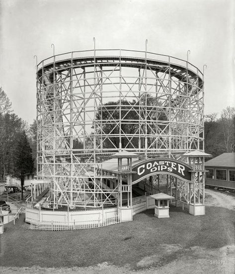 Montgomery County, Maryland, circa 1928. "Glen Echo Amusement Co." The Coaster Dips roller coaster at Glen Echo Park outside Washington Glen Echo, Montgomery County Maryland, Silver Spring Maryland, Wooden Roller Coaster, Hymn Art, Bethesda Maryland, Downward Spiral, Local Color, Amusement Park Rides