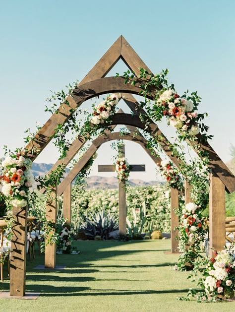 Outside Chapel Wedding, Outdoor Chapel Ideas, Outdoor Chapel Wedding Decorations, Wedding Alters Outside, Open Air Wedding Chapel, Wedding Arch With Cross, Outdoor Chapel Wedding, Diy Chapel, Outdoor Wedding Chapel