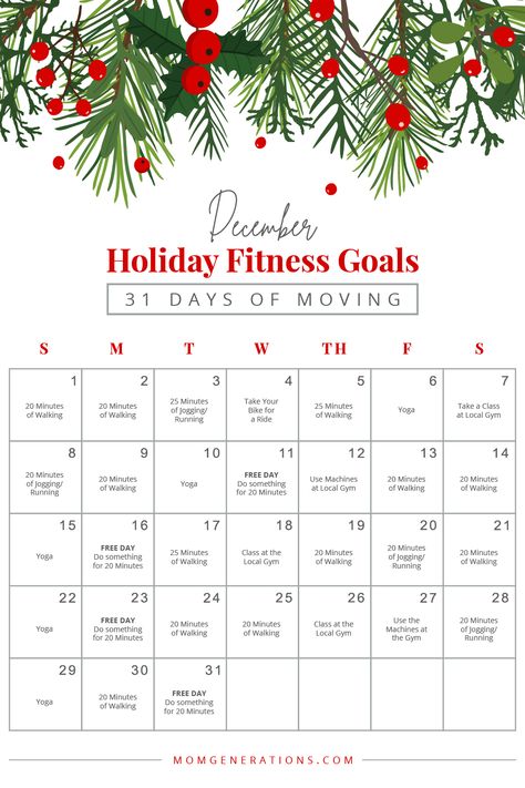 December Fitness Goals - 31 Days of Moving - Here's to December Fitness and Getting yourself in Shape. We all need to be accountable and do something to help keep us moving. 31 Days of Fitness Goals for YOU! December Exercise Challenge, December Workout Challenge, December Fitness Challenge, Christmas Workout Challenge, Christmas Workouts, Fitness Bingo, Fitness Challenge Ideas, December Goals, Work Wellness