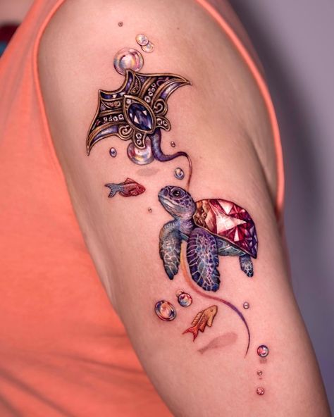 Kulkey tattoo | Jewel stingray and a jewel turtle🐢🐠 (NEWYORK August Booking open) , , , . . , , #turtletattoo #stingraytattoo #fishtattoo #waterdroptattoo… | Instagram Sting Ray And Sea Turtle Tattoo, Stingray Tattoo Color, Sea Turtle And Starfish Tattoo, Stingray Tattoo Watercolor, Girly Turtle Tattoo, Sting Ray Tattoo, Water Drop Tattoo, Stingray Tattoo, Ray Tattoo