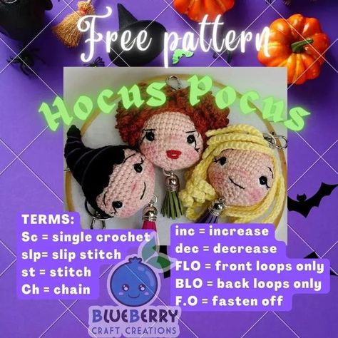 Crochet Hocus Pocus Pattern, Hocus Pocus Crochet Patterns Free, Blueberry Craft, Hocus Pocus Crochet, Hocus Pocus Cross Stitch Pattern Free, Free Crochet Pattern Sanderson Sisters, Hocus Pocus Cross Stitch Pattern, Hocus Pocus Book, Handmade Keychain