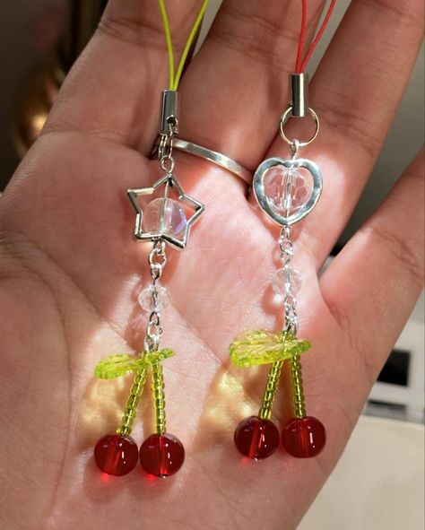 freshly harvested🍒✨ mini cherry phone charms Phone Charms Ideas, Beaded Keychain Ideas, Keychain Ideas Diy, Phone Charms Diy, Phone Charm Ideas, Diy Phone Charms, Cherry Aesthetics, Diy Keychain Ideas, Keychain Beads