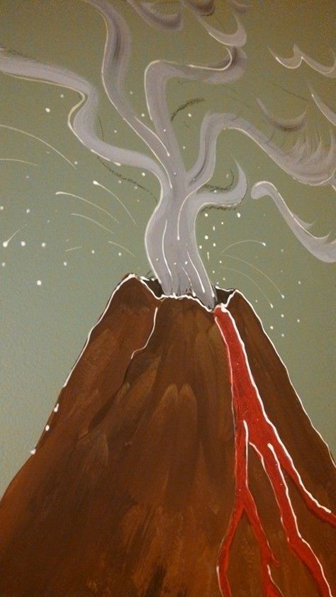 Dinosaur kid's room. volcano glow paint detail. Volcano Painting Easy, Volcano Bedroom, Volcano Mural, Volcano Room Decor, Brother Bedroom, Volcanic Eruption Painting, Volcano Wall Mural, Hawaiian Nursery, Volcano Painting