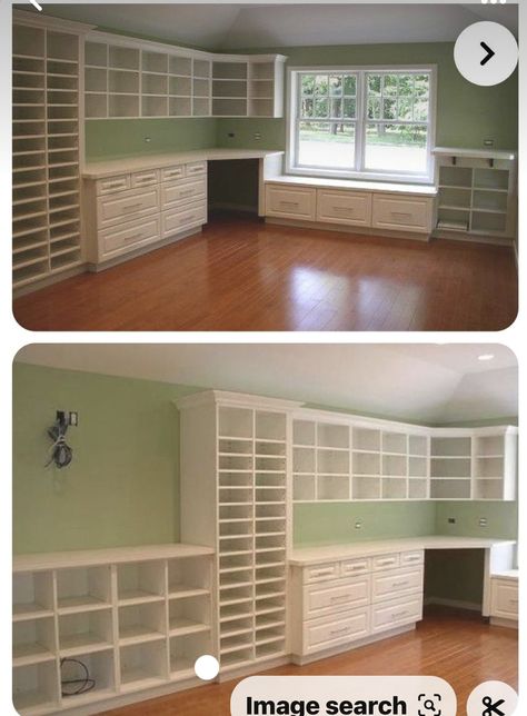 Crafting Corner Ideas, Craft Room Design Inspiration, Craft Room Basement, Craft Room Office Combo, Office And Craft Room Combined, Book And Bed, Basement Craft Rooms, Office Craft Room Combo, Craft Room Organisation