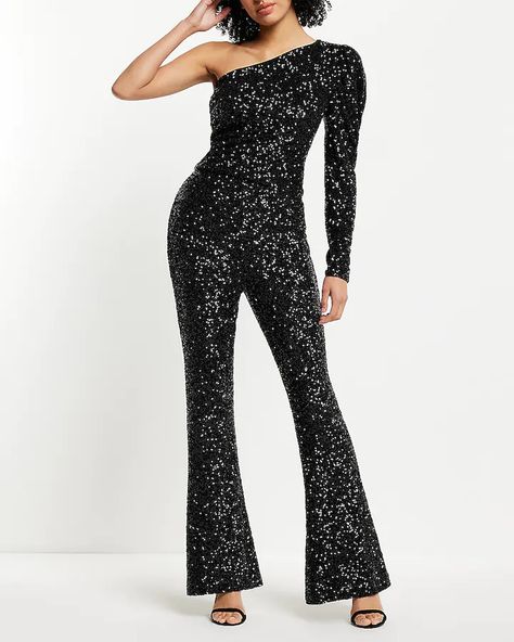 Pair these pants with a blouse or bodysuit & your holiday look is complete Sequin Flare Pants, Sequin Set, Express Fashion, Flare Pant, One Shoulder Top, One Shoulder Tops, Shirts Blouses, Matching Top, Black Sequins