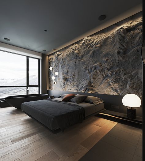 Textured Feature Wall, Stone Feature Wall, Minimal Interior Design, Loft Interior, Luxury Bedroom Master, Bedroom Bed Design, Floor To Ceiling, Dark Interiors, Modern Bedroom Design