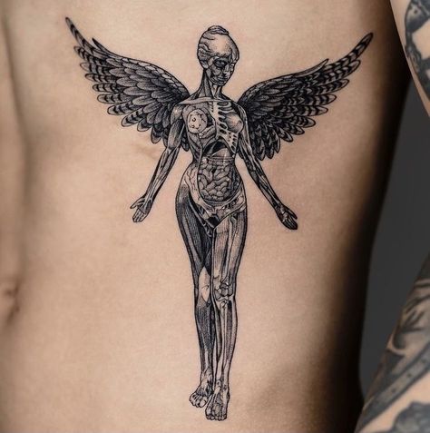 Nirvana Angel Tattoo, Nirvana In Utero Tattoo, In Utero Tattoo, Deftones Tattoo, Nirvana Tattoo, Watch Tattoo Design, Taboo Tattoo, Torso Tattoos, In Utero