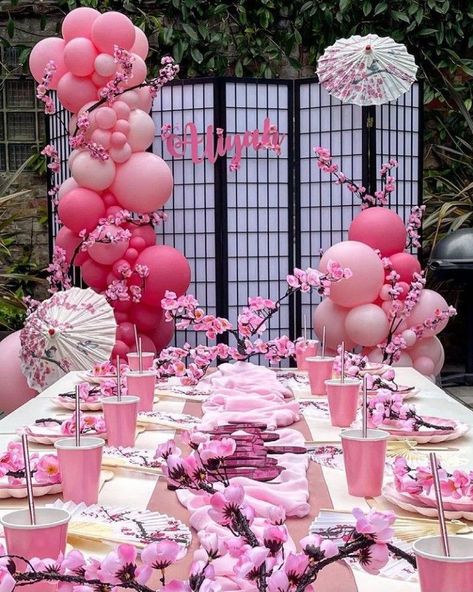 Geisha Birthday Party, Japanese Bridal Shower Ideas, Geisha Party Theme, Cherry Blossom Balloon Garland, Cherry Blossom Balloon Arch, Japanese Inspired Party, Nezuko Party Ideas, Japanese Decorations Party, Nezuko Birthday Party Ideas