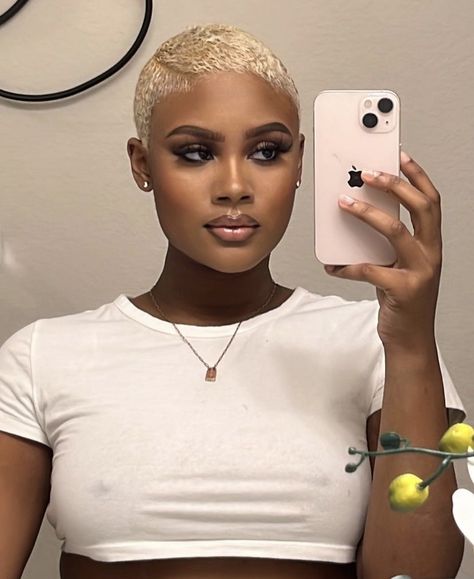 Shaved Hair Blonde, Blond Shaved Hair, Short Blonde Hair On Black Women, Pixie Haircut For Black Women Blonde, Two Tone Pixie Cut, 2023 Asian Hair, Buzzcut Women Black, Sonobello Before And After, Buzzed Hair Women Black