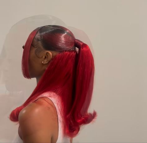 Hairstyles With Red Hair Black Women, Red Hair Updo Black Women, Half Up Half Down Red Hair, Red Half Up Half Down Hair Black Women, Red Barbie Ponytail, Red Ponytails On Black Women, Half Up Half Down Red Wig Black Women, Red Quick Weave Hairstyles Black Women, Red Swoop Ponytail