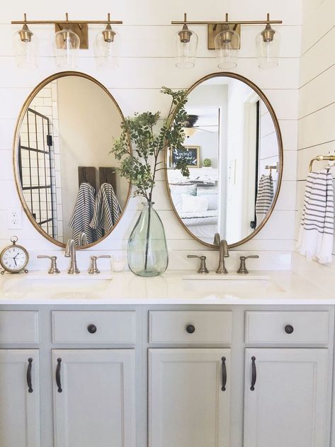 #wallmirror #walldecor #bathroomdesign #bathroommirror #walldesign #mirror Brass Bathroom Lighting, Farmhouse Bathroom Mirrors, Oval Mirror Bathroom, Old Bathrooms, Bathroom Mirror Cabinet, Bathroom Inspiration Decor, Girls Bathroom, Bathroom Redo, Oval Mirror