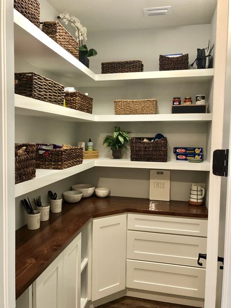 A pantry with a counter top, shelves AND cabinets/drawers makes for an easily organized area! It keeps the clutter away. Just add baskets for a beautiful decor touch Pantry With Countertop For Appliances, Walk In Pantry With Cabinets And Counter, Rustic Pantry Shelving Ideas, Pantry Island Design, Pantry With Cabinets And Counter, Farmhouse Pantry Shelving Ideas, Pantry With Appliance Counter, Walk In Pantry With Appliance Counter, Pantry With Countertop