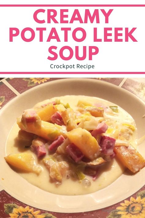 Creamy Potato Leek Soup in your Crockpot. This recipe is great as an addiontion to your meal plan as a non-meat option, but adding some leftover ham only make it better. #crockpotrecipe #slowcookerrecipe #souprecipe #nomeat #leftoverham Potatoe And Leek Soup, Crock Pot Ham, Creamy Potato Leek Soup, Warm Soup Recipes, Homemade Soups, Ham Potato, Crockpot Ham, Potato Leek, Potato Leek Soup