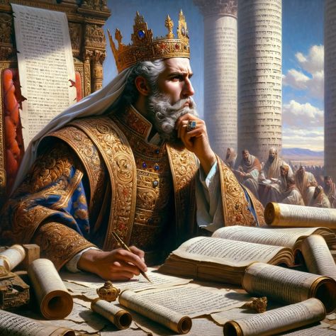 Image 1: A painting of King Solomon in regal attire, deep in thought, surrounded by ancient scrolls and texts. He's depicted in a contemplative pose, embodying both wisdom and the weight of his responsibilities. The background is a scene from ancient Israel, suggesting the era of 1 Kings 3:12. This image conveys the complexity of Solomon's character: a wise king who still faced human... King Solomon Art, Old King Art, King Archetype, King Solomon Wisdom, Jesus Art Paintings, Wisdom Of Solomon, Solomon Bible, King Images, Macbeth Poster