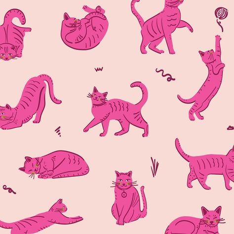 After working on my cat risograph print, I’ve decided to expand it into a pattern (and maybe a full collection). I’ve been inspired by the bold, bright colours of riso printing and also, of course, the many poses of my cat Jaffa. It’s fun to put them on mock-ups; I’d love to see these cats on socks. I’ve also done a toned down version, which makes the pattern have a completely different feel. Which is your favourite colourway? Bold pink or pale pink? #fabricdrawer #catpattern #catpatterns #... Pet Pattern Illustration, Cute Cat Print, Cat Pattern Illustration, Pet Packaging, Riso Printing, Biscuits Packaging, Baby Boy T Shirt, Riso Print, Raining Cats And Dogs