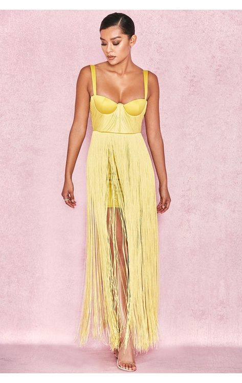 Yellow Satin, Long Fringe, Long Fringes, Fringe Dress, Bodycon Dresses, Formal Dresses Long, Sleeveless Dress, Birthday Cake, Limited Edition