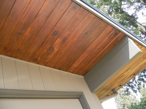 Soffit Lighting Exterior, Cedar Soffit, Wood Stain Color Chart, Wood Soffit, Exterior Wood Stain Colors, Stone Vinyl Siding, Soffit Ideas, Vinyl Soffit, Hardie Board