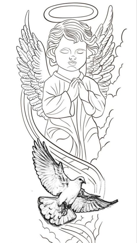 Angel Family Tattoo, Praying Hands Tattoo Design, Chest Tattoo Stencils, Arm Tattoos For Guys Forearm, Viking Warrior Tattoos, Geisha Tattoo Design, Cupid Tattoo, Animal Sleeve Tattoo, Half Sleeve Tattoos Drawings