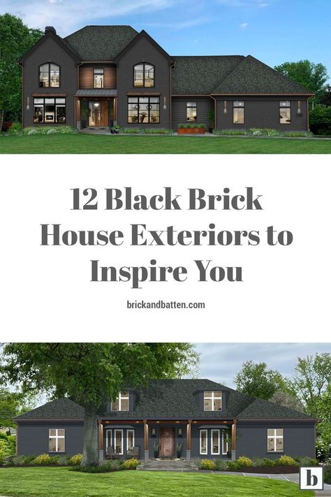 These days, you’re likely seeing more and more homes with dark exteriors. Black exteriors, and black brick exteriors in particular, are becoming increasingly popular. Black, charcoal, and gray colors are rich and expressive. If you’re thinking of making this decision for your own home’s exterior, check out these 12 beautiful black brick houses for some fun inspiration. #exteriordesign #blackbrick #brickhouse #blackbrickhouse #homeexterior #paintcolor Dark House Exterior With Brick, Black Board And Batten Exterior With Brick, Painted House Brick Exterior, Black Brick House White Windows, Black Painted Brick Ranch House, Brick House With Black Windows Exterior, Black Brick House Exterior Color Combos, Charcoal And Brick Exterior, Charcoal Grey Brick Exterior