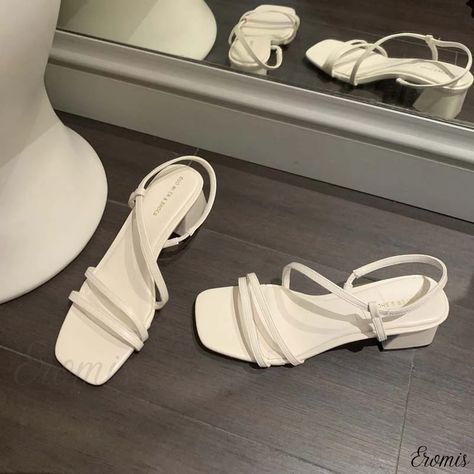 Eromis - Open-Toe Square-toe Sandals with Ankle Strap, Chunky Heel and Delicate Straps Louis Vuitton Sneaker, Casual Shoes Women Sneakers, White Strappy Heels, Heels Aesthetic, My Style Bags, Shoes Heels Classy, Cute Shoes Heels, Elegant Sandals, Square Toe Sandals