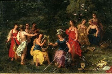 This image is of the nine muses and Minerva. Most likely telling her the story featured in Ovid book 5 Dead Can Dance, Lyric Poetry, The Muses, Greek Names, Daughter Of Zeus, Greek Gods And Goddesses, Muse Art, Roman Mythology, Mythology Art