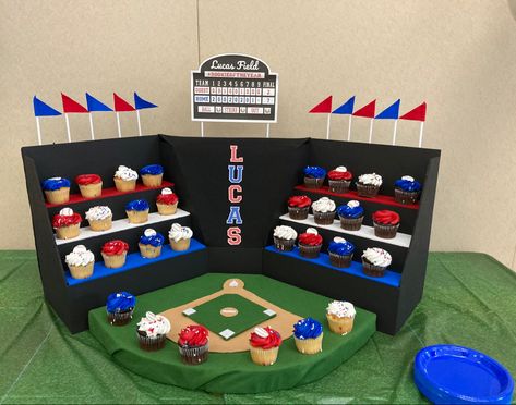 Baseball Cupcake Stand, Grand Slam Birthday Party, Baseball Themed Party Decorations, Home One Baseball Birthday Party Ideas, 40th Birthday Baseball Theme, Rookie Of The Year First Birthday Cupcakes, Baseball Theme Birthday Party For Men, Rookie Of The Year Cupcakes, Baseball Party Diy