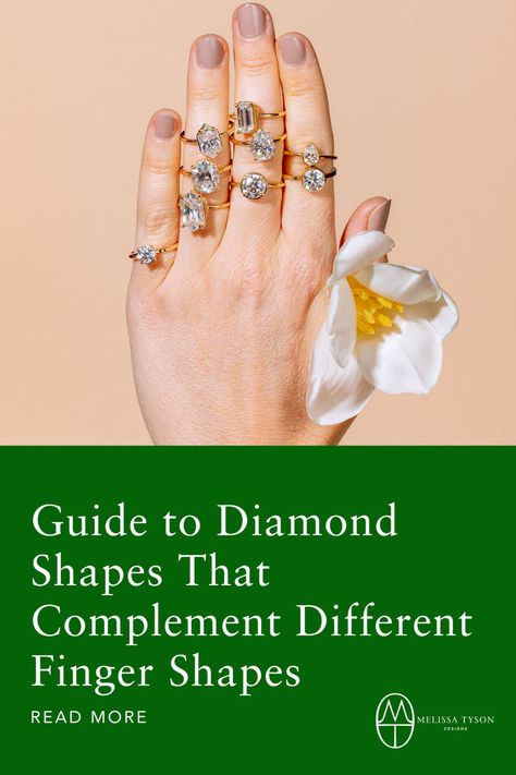 Picking the perfect diamond shape is more than just a matter of taste; it's also about finding a shape that complements your finger type. Just like clothes, certain diamond shapes can enhance the natural beauty of your hands. Whether you have long, short, slim, wide, or petite fingers, there is a diamond shape that will look just right on you. 😊 Short Fingers, Organic Engagement Rings, Engagement Rings On Finger, Dimond Ring, Shape Chart, Handcrafted Engagement Ring, Ring Cuts, Best Engagement Rings, Engagement Ring Guide