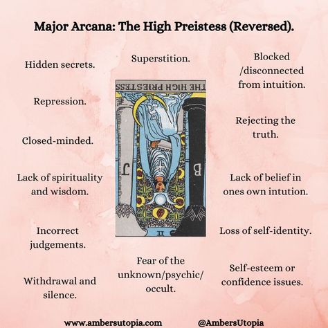 The High Priestess, in reversed position from the Major Arcana suit in the tarot deck and its meanings, including the astrology and numerology meanings.

#TheHighPriestess #MajorAcarna #TarotCardMeanings #Tarot The High Priestess Reversed, High Priestess Reversed, Page Of Pentacles, High Priestess Tarot, Tarot Reading Spreads, Tarot Interpretation, Tarot Cards For Beginners, The High Priestess, Learning Tarot Cards