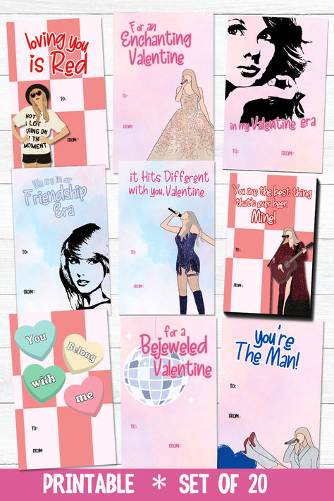 Taylor Swift Valentine Cards, Swiftie Valentine Cards, Printable Classroom Valentines, Instant Download Set of 20 unique Swiftie Valentine card designs. These are not editable as the “To” and “From” spaces are meant to be filled out by hand for a personal touch. Taylor Swift Valentines Day Cards, Taylor Swift Valentines, Taylor Swift Printable, Valentine Cards Printable, Swiftie Merch, Classroom Valentines, Printable Classroom Decor, Printable Valentines Cards, Printable Valentines